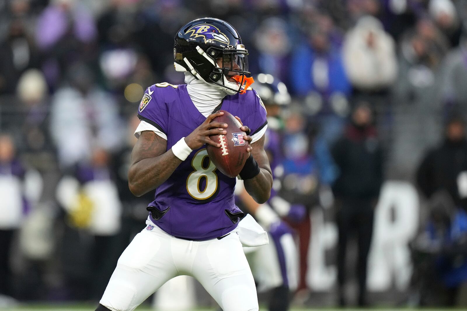 Baltimore Ravens quarterback Lamar Jackson drops back to pass during the first half of an NFL football game against the Cleveland Browns Saturday, Jan. 4, 2025, in Baltimore. (AP Photo/Stephanie Scarbrough)