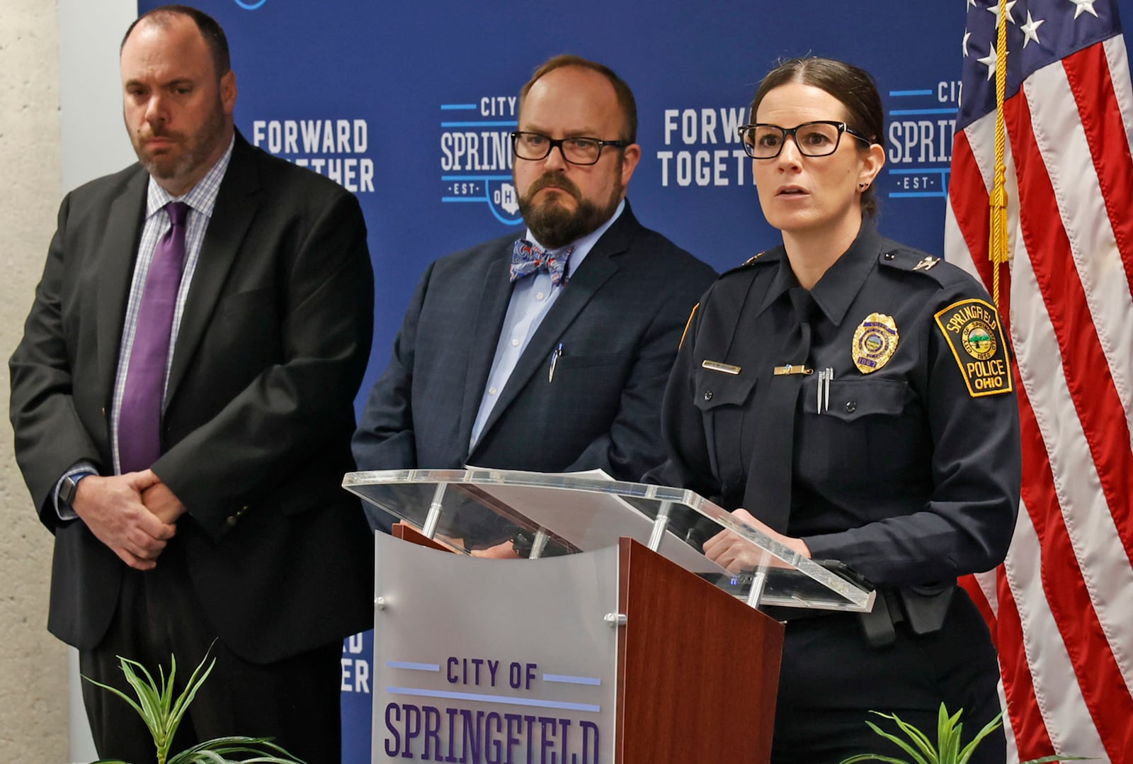 Springfield Police Chief Allison Elliott talks about the incident that happened last week at Kenwood Elementary School during a press conference Monday, Feb. 20, 2023. Standing with Elliott are, Sgt. James Byron, left, and Clark County Prosecutor Dan Driscoll. BILL LACKEY/STAFF