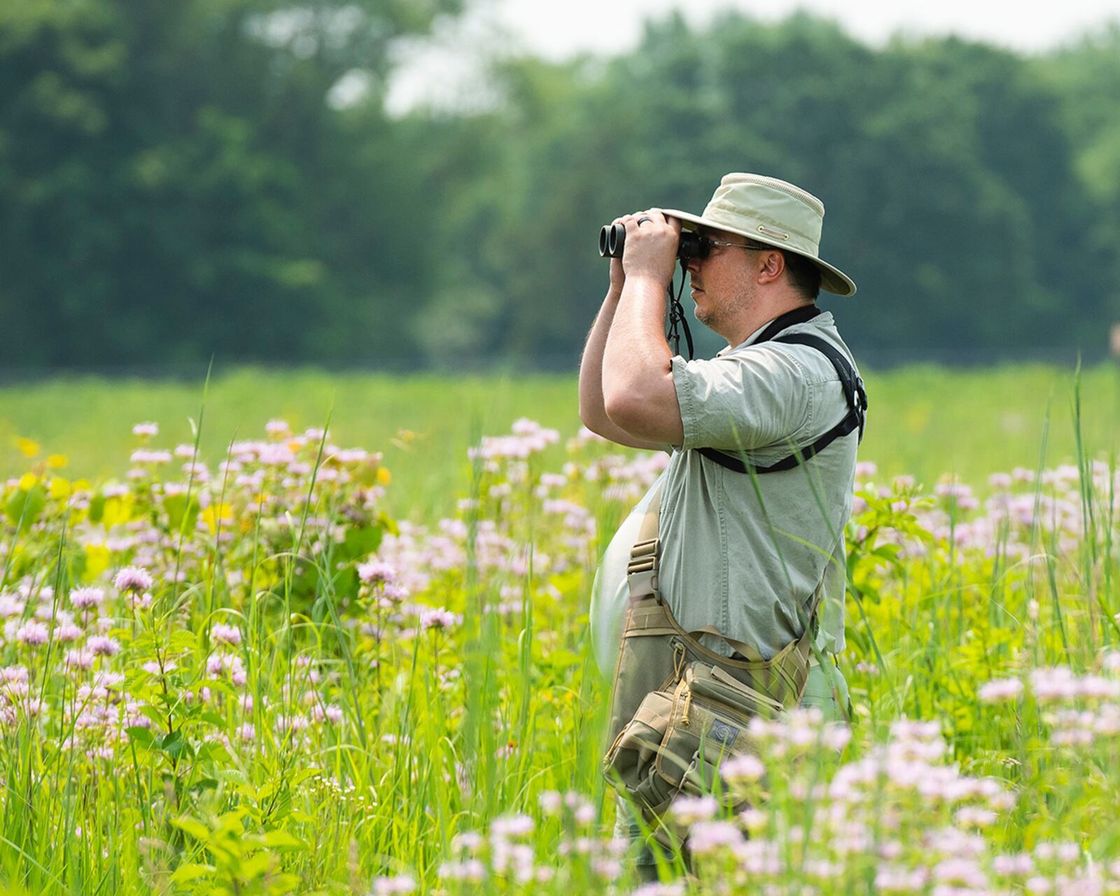 Ed Wolski looks for hummingbirds and other wildlife July 19 on Huffman Prairie at Wright-Patterson Air Force Base. Wolski works as a civilian at the National Air and Space Intelligence Center. U.S. AIR FORCE PHOTO/R.J. ORIEZ