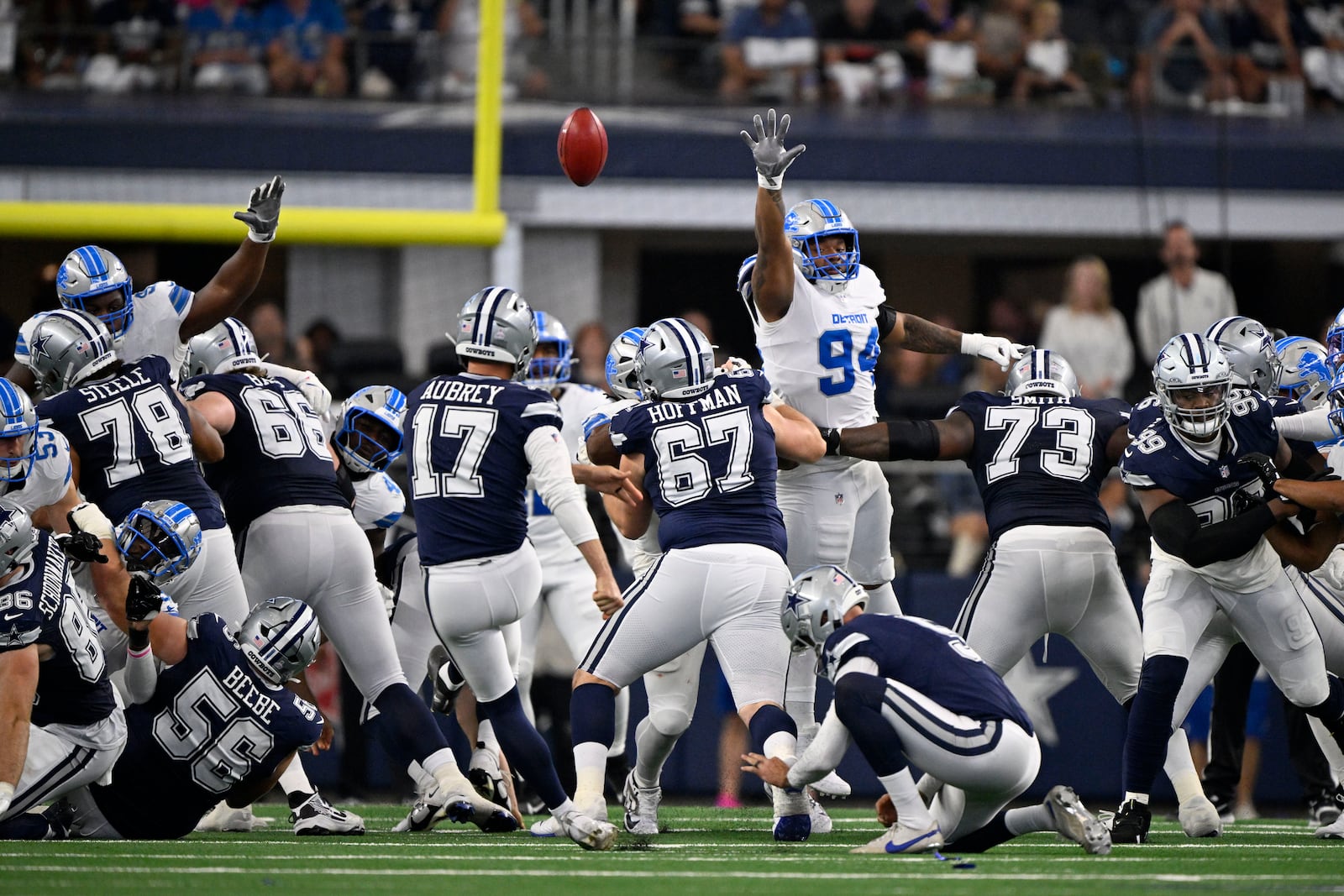 Dallas Cowboys place kicker Brandon Aubrey (17) kicks a field goal against the Detroit Lions in the first half of an NFL football game in Arlington, Texas, Sunday, Oct. 13, 2024. (AP Photo/Jerome Miron)