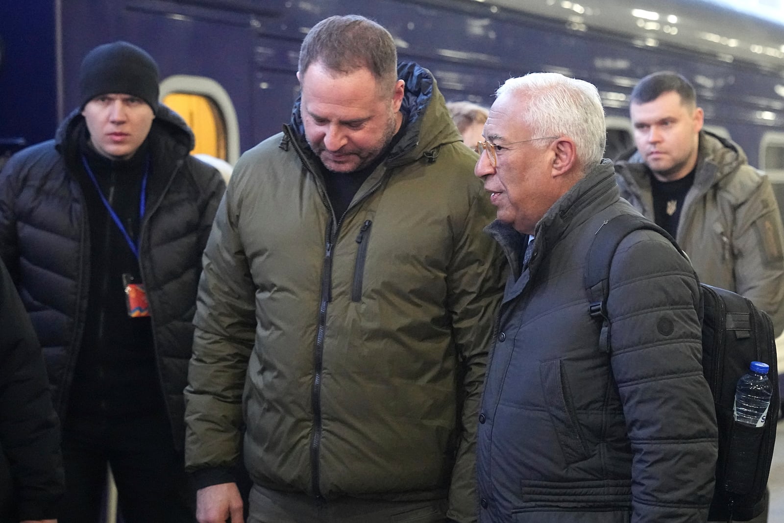 Andriy Yermak, the head of Ukraine's Presidential Office, center, talks with European Council President Antonio Costa at a train station in Kyiv, Ukraine, Monday, Feb. 24, 2025. (AP Photo/Efrem Lukatsky)