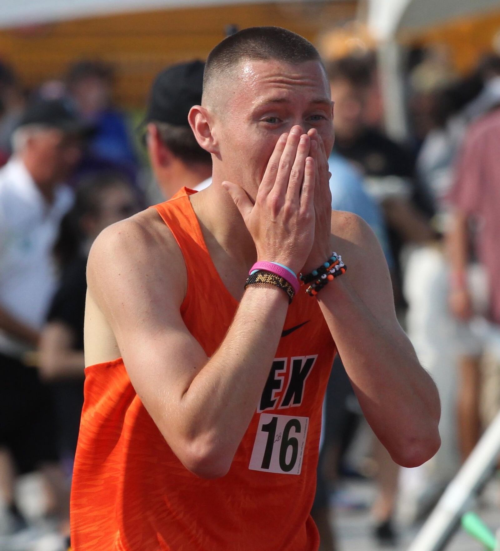 Beavercreek’s Riley Buchholz wins the 1,600-meter race at the Division I state track and field championships on Saturday, June 1, 2019, at Jesse Owens Memorial Stadium in Columbus. David Jablonski/Staff