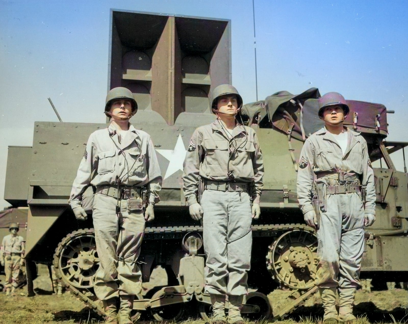 
                        In a photo from the Ghost Army Legacy Project, a colorized photo of soldiers with a vehicle mounted with giant speakers that was part of the “sonic deception” campaign designed to confuse enemy forces. The mission of soldiers serving in units that became known as the “Ghost Army” was to deceive enemy forces as to the location and size of American troop movements. (Ghost Army Legacy Project via The New York Times) -- NO SALES; FOR EDITORIAL USE ONLY WITH NYT STORY GHOST ARMY HONORS BY JOHN ISMAY FOR MARCH 21, 2024. ALL OTHER USE PROHIBITED. -
                      