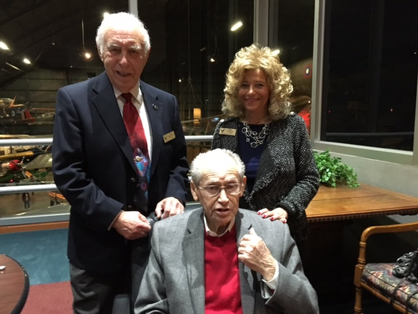 Ira Segalewitz, (standing left), Rene Frydman (standing right) and Samuel Heider told of their own and others experiences in World War II during a “Voices of the Holocaust” forum Wednesday at the National Museum of the U.S. Air Force. BARRIE BARBER/STAFF