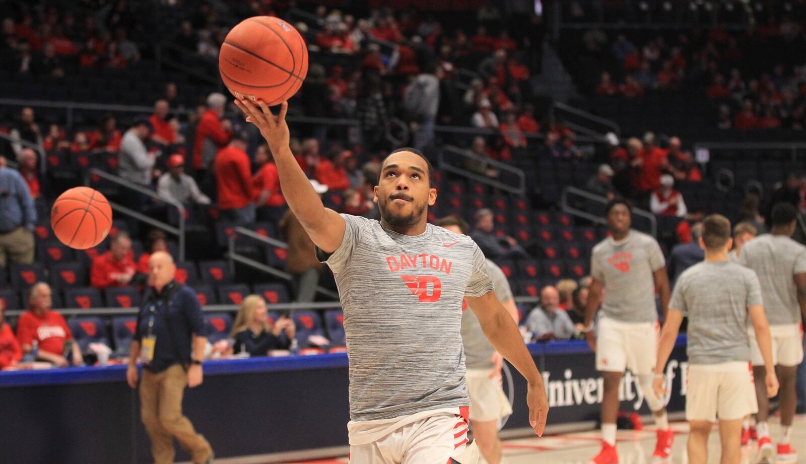 Dayton’s Camron Greer warms up before a game against Fordham on Saturday, Feb. 1, 2020, at UD Arena. David Jablonski/Staff