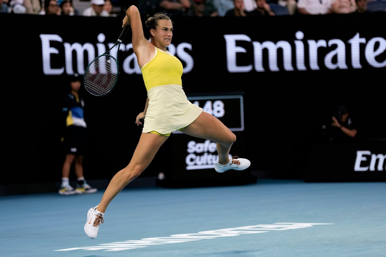 Aryna Sabalenka of Belarus plays a forehand return to Anastasia Pavlyuchenkova of Russia during their quarterfinal match at the Australian Open tennis championship in Melbourne, Australia, Tuesday, Jan. 21, 2025. (AP Photo/Ng Han Guan)