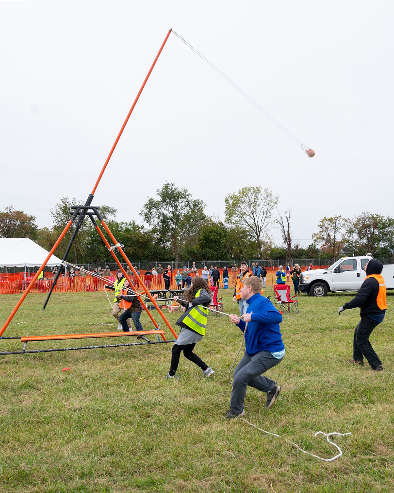 A team participates in the human-powered Class C category Oct. 22 at Wright-Patterson Air Force Base’s 16th annual Pumpkin Chuck. Four competitors would pull on the ropes of a catapult to send a gourd toward a target several hundred feet downrange. U.S. AIR FORCE PHOTO/R.J. ORIEZ