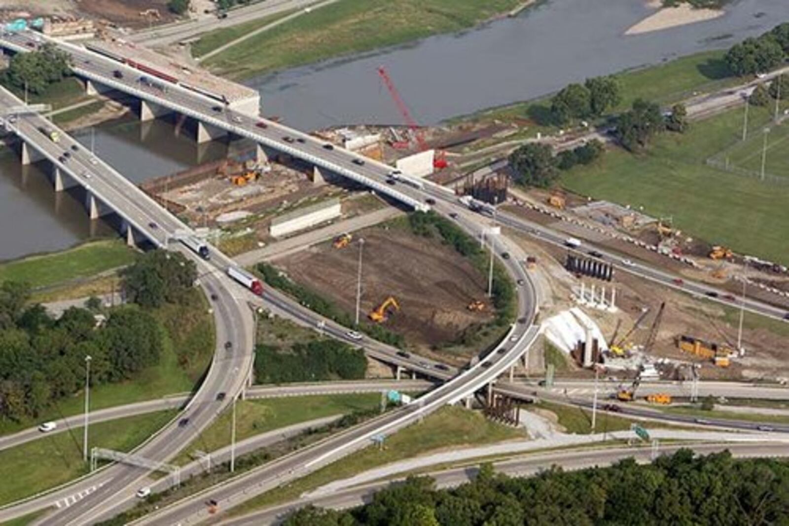 Reconstruction of the I-75 and Ohio 4 interchange, known as Malfunction Junction, in 2008. New bridges across the Great Miami River were taking shape. This is an aerial view looking northwest down I-75.