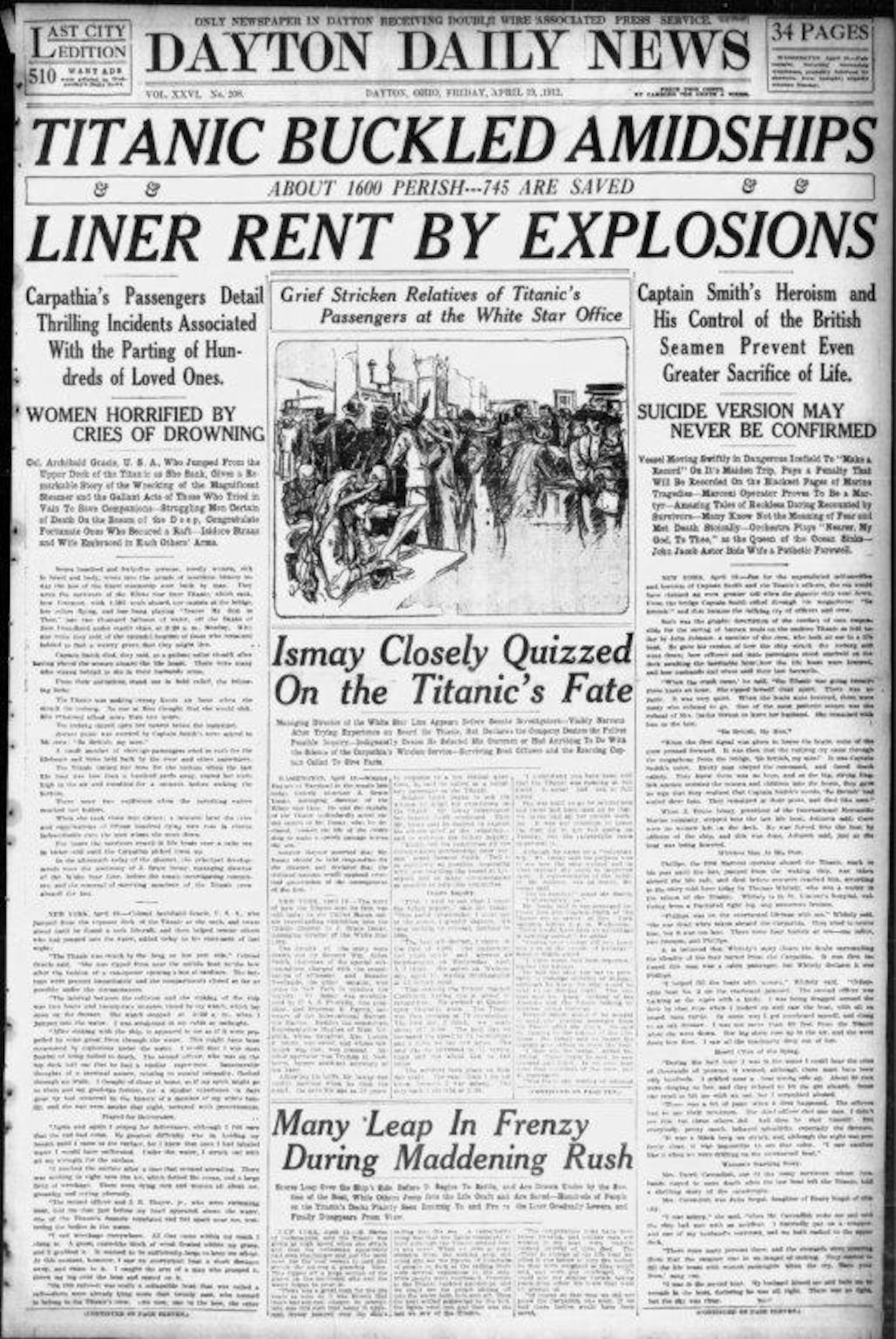 Dayton Daily News front page from April 19, 1912 covering the Titanic sinking.