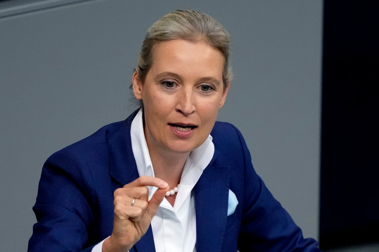 FILE - AfD head Alice Weidel speaks during a general debate of the German parliament Bundestag in Berlin, Germany, Sept. 11, 2024. (AP Photo/Markus Schreiber, File)