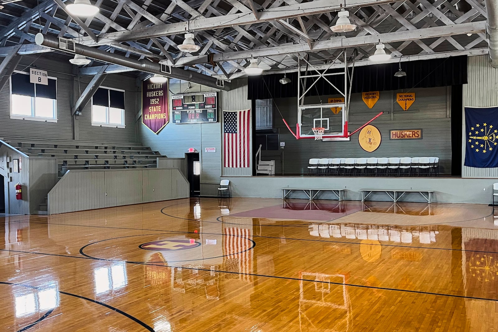 FILE - The Hoosier Gym, where many scenes from the movie "Hoosiers" was filmed in the mid-1980s plays host to dozens of high school games each year as fans still flock to the site, is shown Monday, Feb. 19, 2024, in Knightstown, Ind. (AP Photo/Tim Reynolds, File)