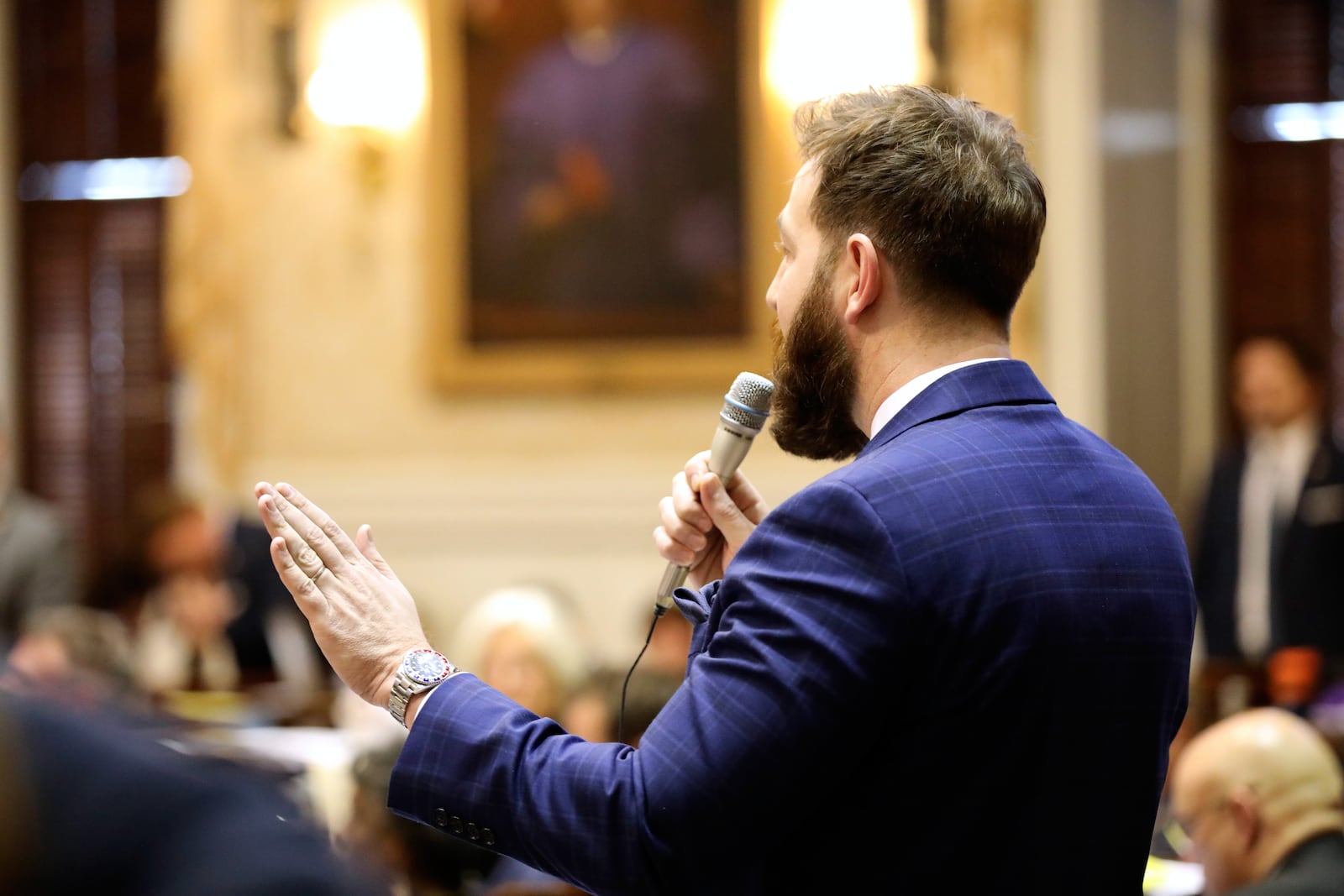 South Carolina Rep. Gil Gatch, R-Summerville, speaks during the House budget debate on Tuesday, March 11, 2025, in Columbia, S.C. (AP Photo/Jeffrey Collins)