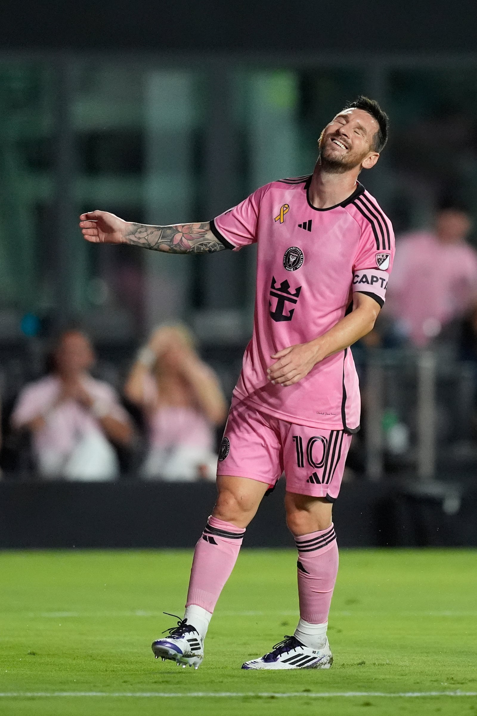 Inter Miami forward Lionel Messi reacts during the first half of an MLS soccer match against Charlotte FC, Saturday, Sept. 28, 2024, in Fort Lauderdale, Fla. (AP Photo/Rebecca Blackwell)