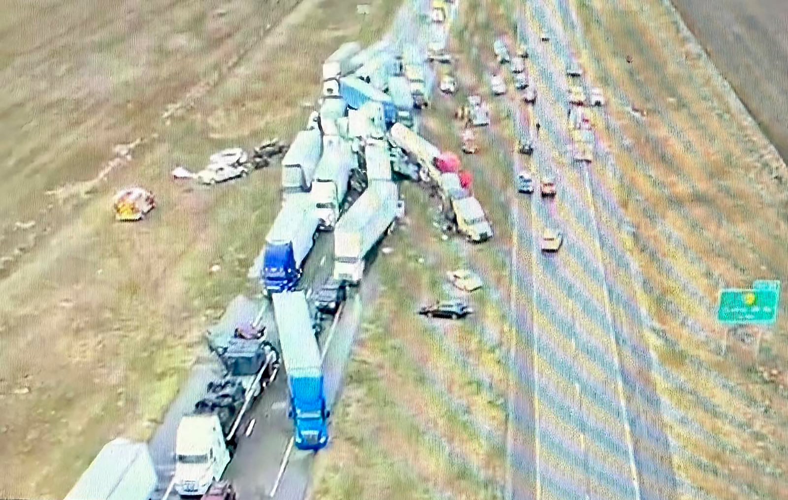 This image provided by the Kansas Highway Patrol shows the aftermath of a pileup on Interstate 70 near Goodland, Kan., caused by a dust storm and involving more than 70 vehicles, Friday, March 14, 2025. (Kansas Highway Patrol via AP)