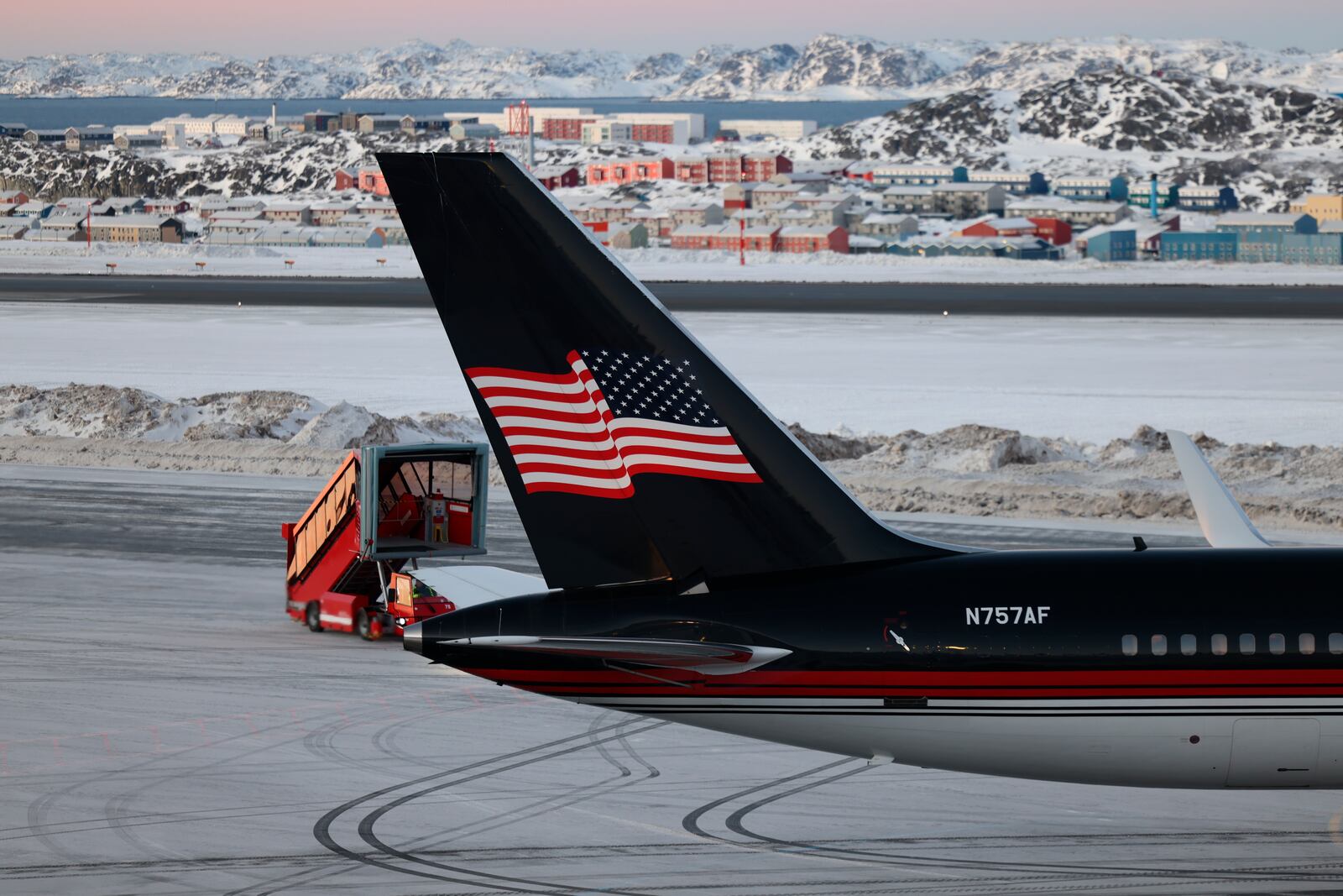 A plane carrying Donald Trump Jr. lands in Nuuk, Greenland, Tuesday, Jan. 7, 2025. (Emil Stach/Ritzau Scanpix via AP)