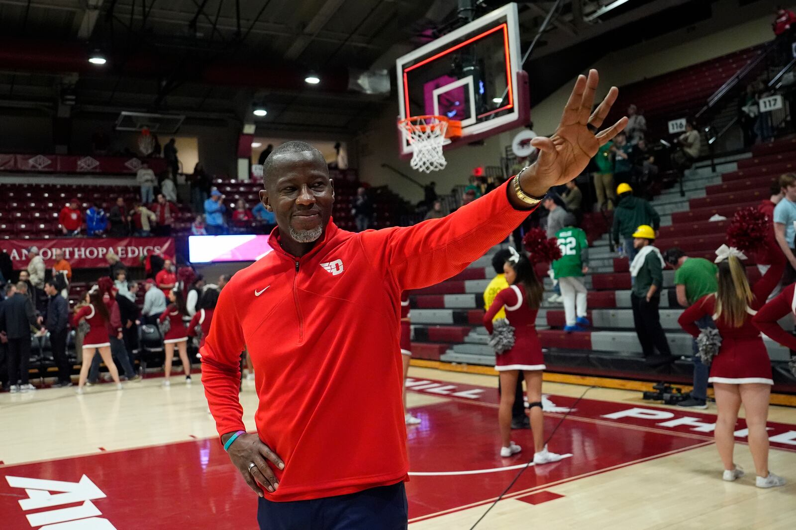 Dayton head coach Anthony Grant reacts after Dayton won an NCAA college basketball game against Saint Joseph's, Tuesday, Feb. 6, 2024, in Philadelphia. (AP Photo/Matt Slocum)