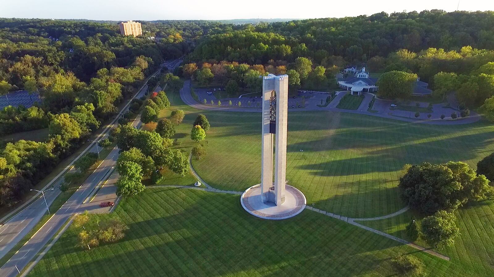 An undated handout photo shows the Deeds Carillon in Dayton, Ohio. A beloved landmark, the 15-story tower is also one of many extra-large exhibits at Carillon Historical Park, a 65-acre open-air museum focusing on technology and innovation.