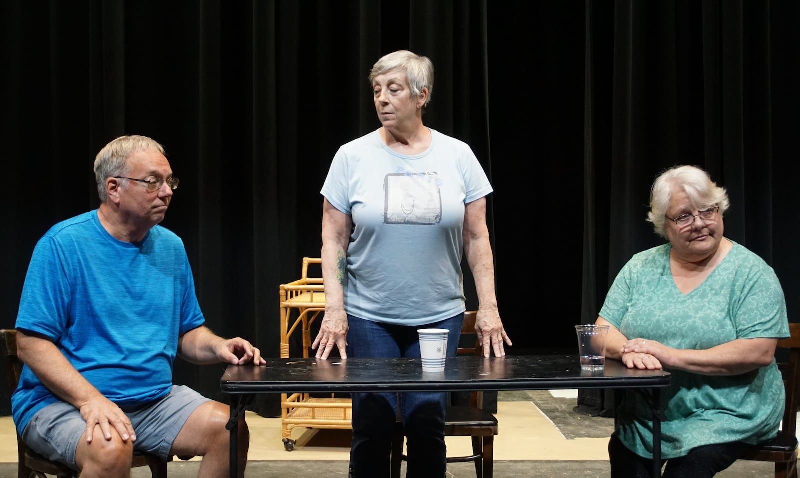 Ted Eltzroth , Dee Berdine  and Becky Howard  rehearse for “The Little Sisters of Littleton” by Kate Katcher. The play will be presented at FutureFest on July 16. CONTRIBUTED