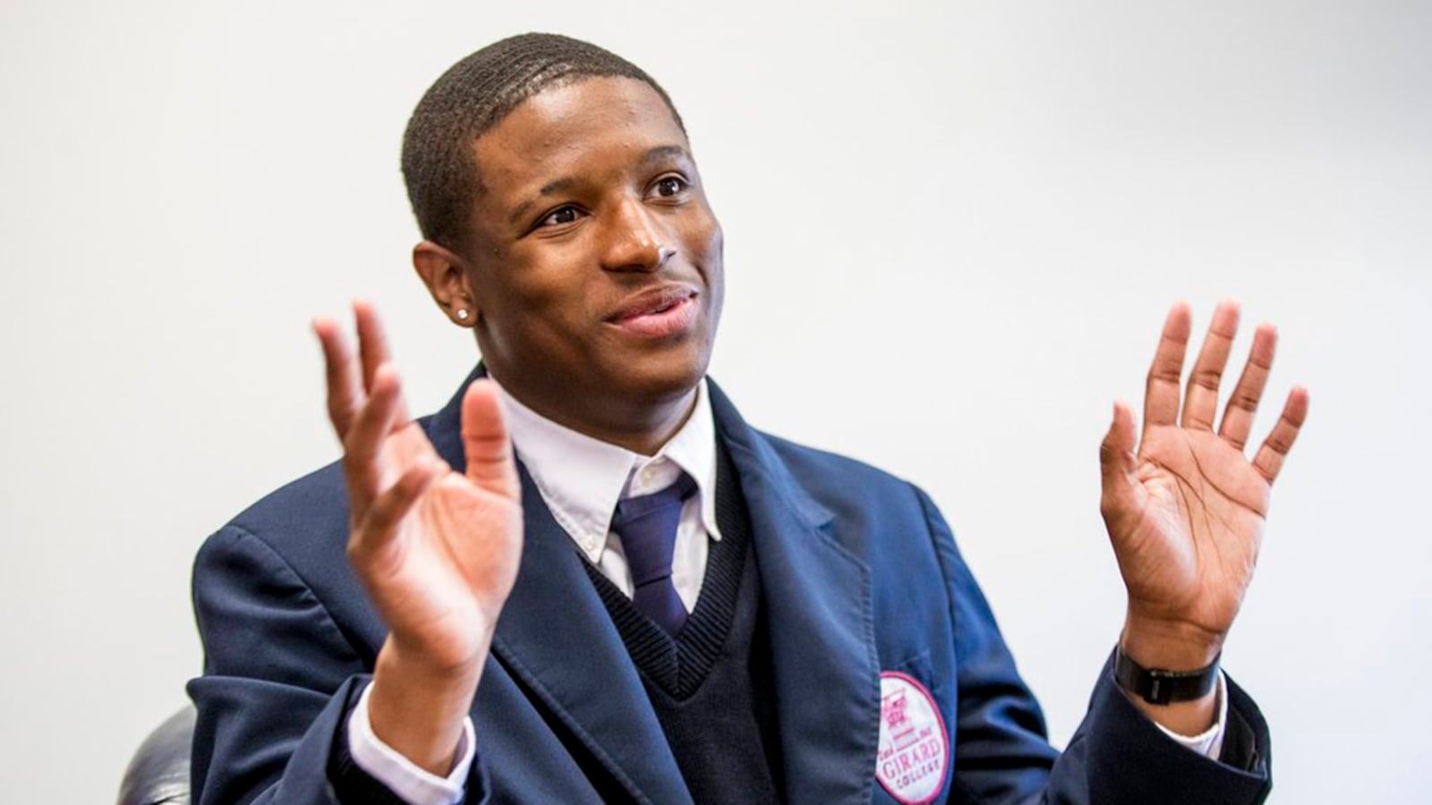 In a May 14, 2018 photo, Philadelphia's Girard College student Richard "Tre" Jenkins talks about the moment he opened the Harvard website portal, while he was in Paris for a school trip, and found out he had been offered a full scholarship to Harvard. Jenkins says he used to sleep in a homeless shelter and was nicknamed "Harvard" by bullies for being a bookworm. (Michael Bryant/The Philadelphia Inquirer via AP)