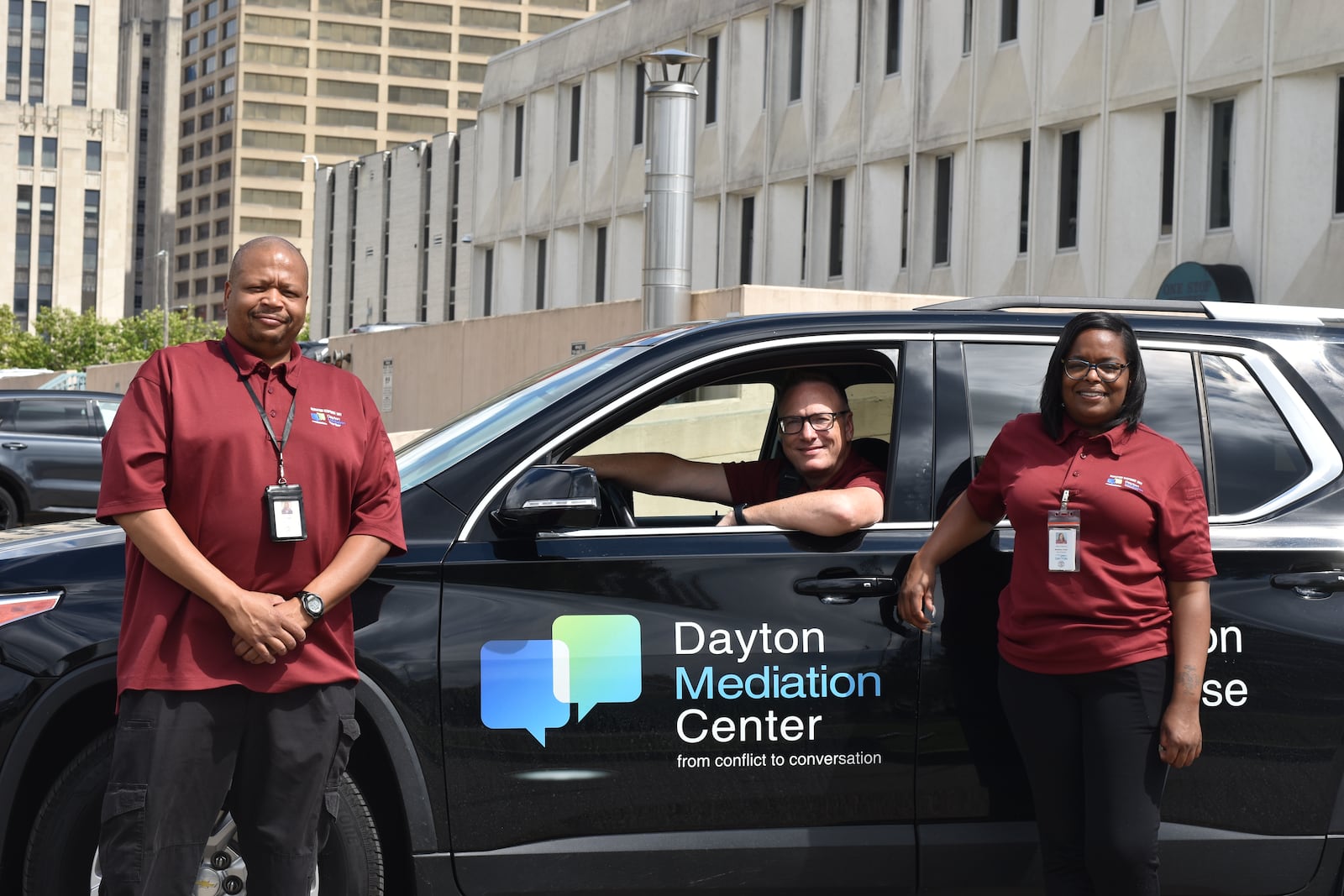 Dayton Mediation Response Unit responds to nonviolent and non-emergency calls for service like neighbor disputes, animal issues, unruly juveniles and other disagreements. Aaron Primm is the acting coordinator and Joshua Bedink and Allison Pleasant are mediation response specialists. CORNELIUS FROLIK / STAFF