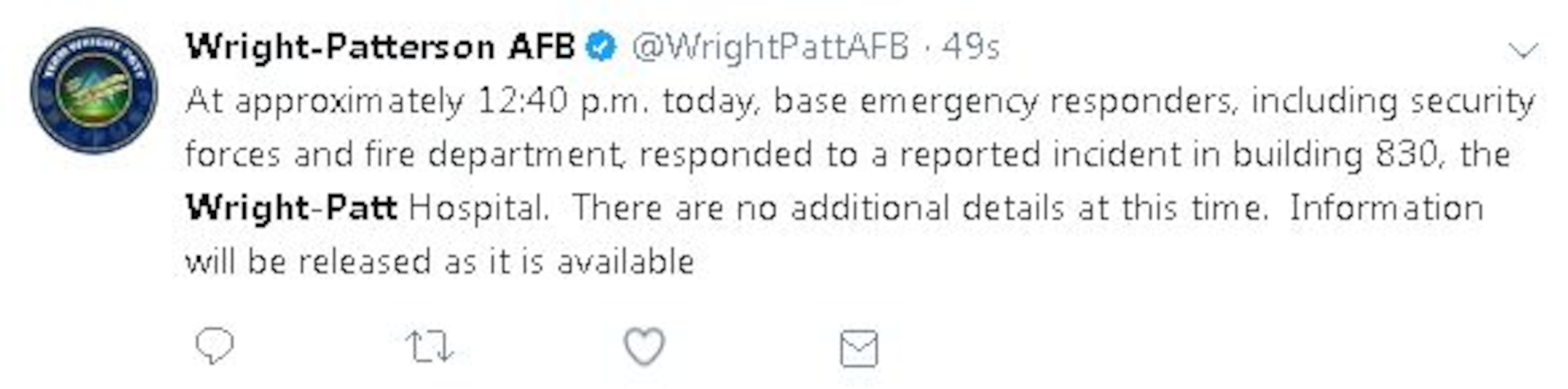 Active shooter reported at Wright-Patterson Air Force Base hospital