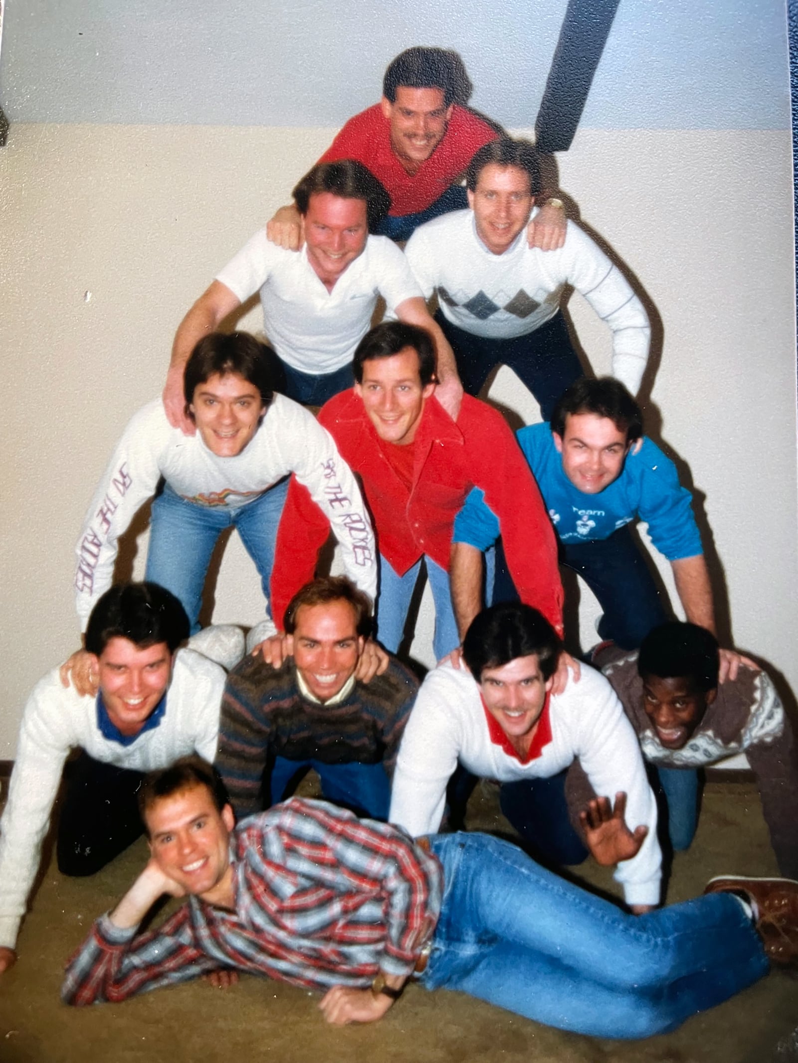 Mark Bohac (bottom) met his closest friends while growing up in Centerville in the 1980's. They are all shown together in 1985, which Bohac describes as "the height of our shenanigans." They are: Top row: Rick Fullenkamp; second row: Frank McBride, Gregg Gorsuch; Third row: Joe Corbitt, David Leary, Brad Chamberlain; Fourth row: Tim Tuuri, John Kleinhenz, Jay Doster and Claude Campbell. CONTRIBUTED


