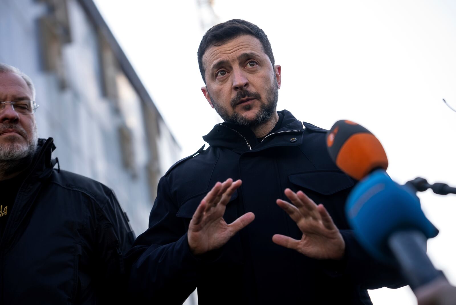 Volodymyr Zelenskyy, president of Ukraine speaks to the press during a media briefing on the territory of Khmelnytskyi Nuclear Power Plant, Ukraine, Thursday, Feb. 13, 2025. (AP Photo/Alex Babenko)