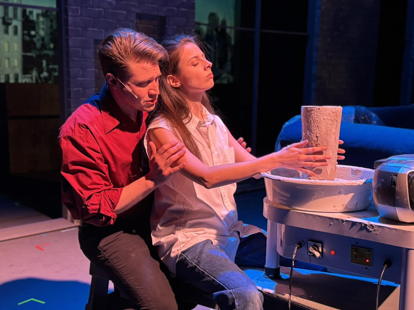 Montana Iverson (Sam Wheat) and Charmien Byrd (Molly Jensen) in La Comedia Dinner Theatre's production of "Ghost: The Musical," presented Jan. 10-Feb. 9, 2025. PHOTO BY JUSTIN WALTON