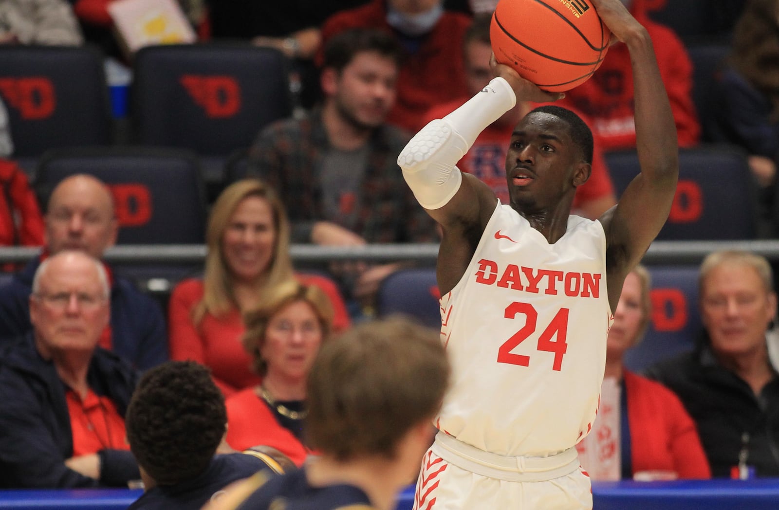 Dayton's Kobe Elvis shoots against Cedarville in an exhibition game on Monday, Nov. 1, 2021, at UD Arena. David Jablonski/Staff