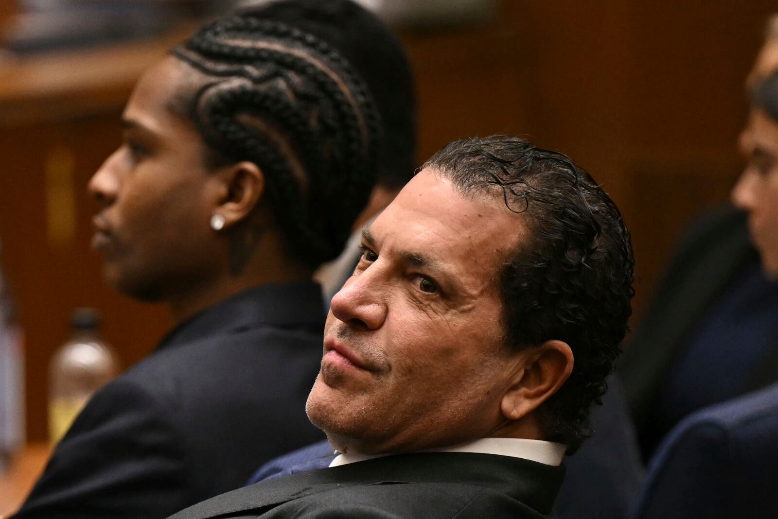 Attorney Joe Tacopina sits next to his client A$AP Rocky during Rocky's trial, in Los Angeles, Friday, Feb. 14, 2025, . (Patrick T. Fallon/ Pool Photo via AFP)