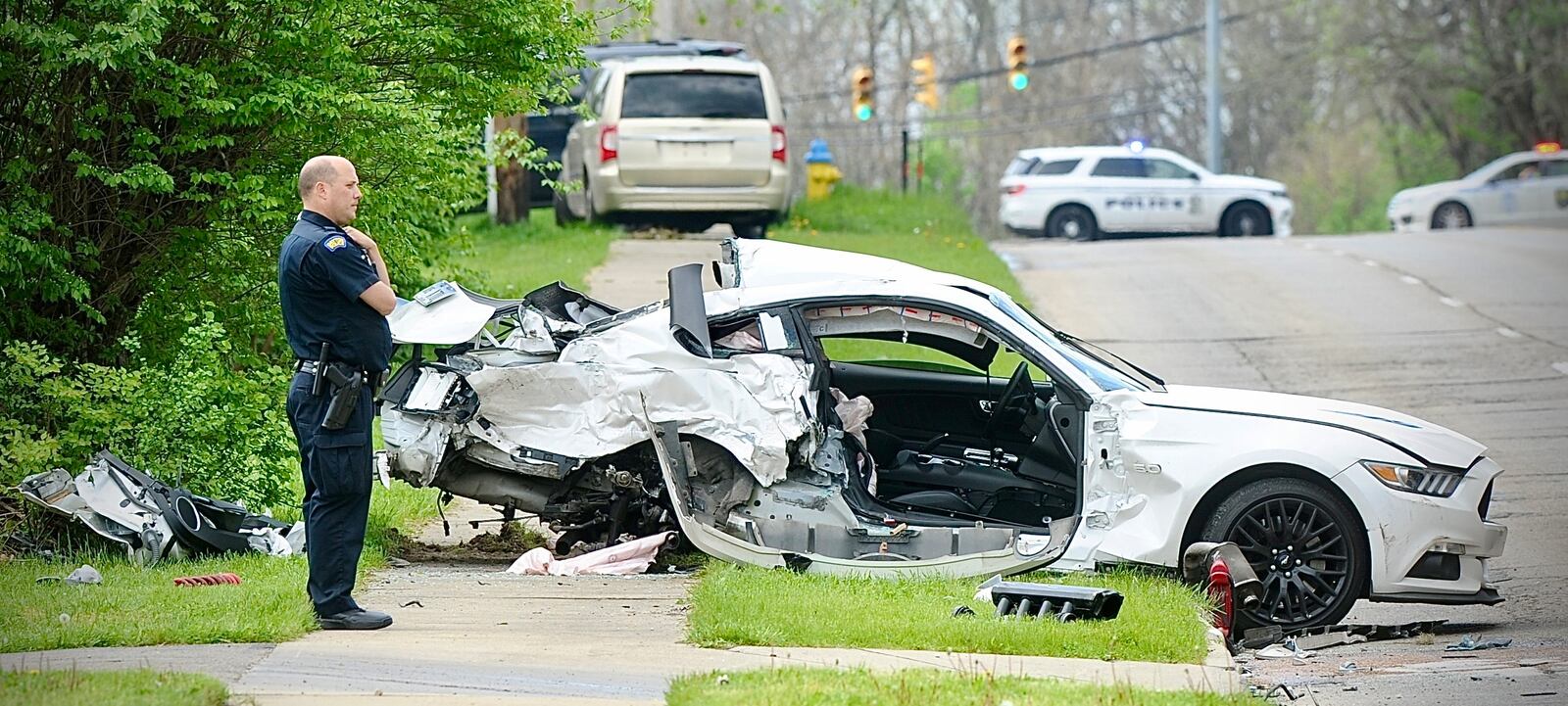 A driver and passenger inside a car were killed after colliding with a semitrailer Wednesday, April 17 2024, on Germantown Pike near South Gettysburg Avenue in Dayton. MARSHALL GORBY\STAFF