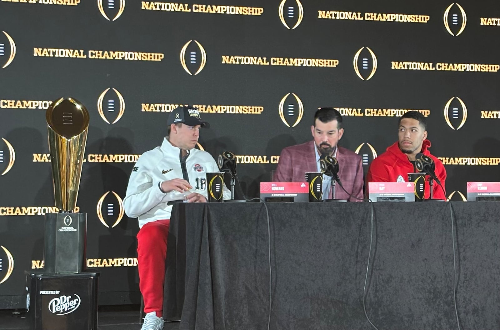 College Football Playoff: Will Howard, Ryan Day and Cody Simon speak at the morning-after press conference Jan. 22, 2025.