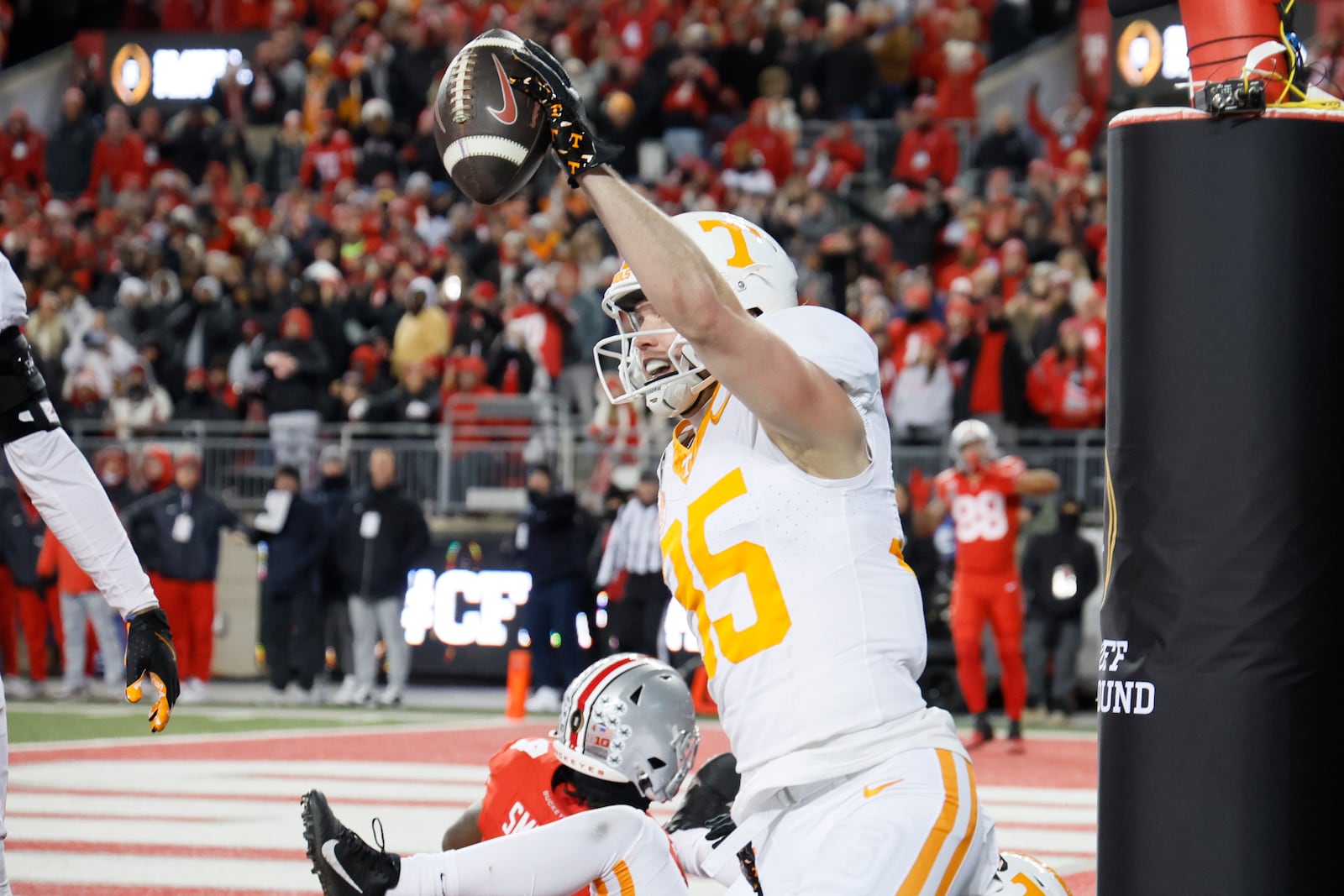 Tennessee defensive back Will Brooks celebrates after his interception against Ohio State during the first half in the first round of the College Football Playoff, Saturday, Dec. 21, 2024, in Columbus, Ohio. (AP Photo/Jay LaPrete)