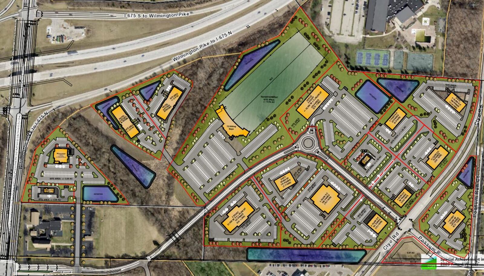 A concept plan for Cornerstone of Centerville South at the southeast corner of Interstate 675 and Wilmington Pike, shows 16 buildings, including a restaurant, two hotels and an entertainment site area with 72 hitting bays consistent with the design of Topgolf facilities. However, the plan adds that information on it “is to illustrate general intent and shall not be construed as final.”