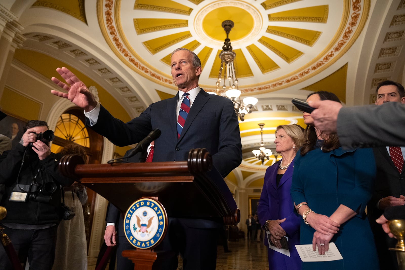 Senate Majority Leader John Thune of S.D., speaks to reporters on Capitol Hill, Tuesday, Jan. 14, 2025, in Washington. (AP Photo/Mark Schiefelbein)