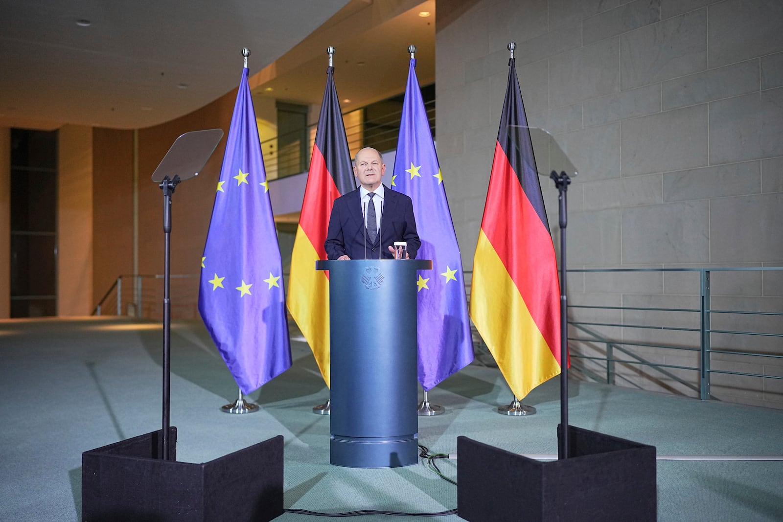 Germany's Federal Chancellor Olaf Scholz speaks in Berlin, Wednesday Nov. 6, 2024. (Michael Kappeler/dpa via AP)