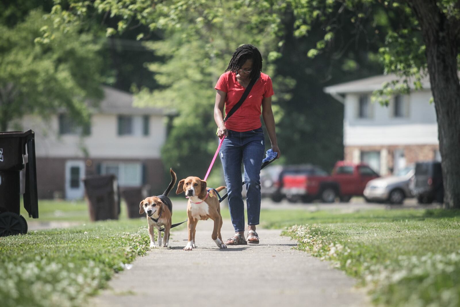 Brittany Adams walk her two dogs on Benchwood Ave. Adams, her two daughters and her dogs will having trouble finding housing after having to leave their section 8 housing. JIM NOELKER/STAFF