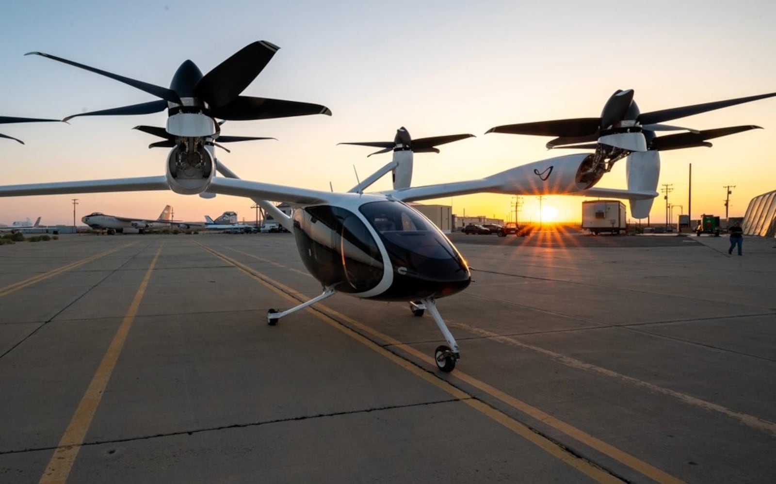 A Joby Aviation, Inc. electronic vertical take-off and landing aircraft is parked following a ground test at Edwards Air Force Base, Calif. in September 2023. (Air Force photo by Harlan Huntington)