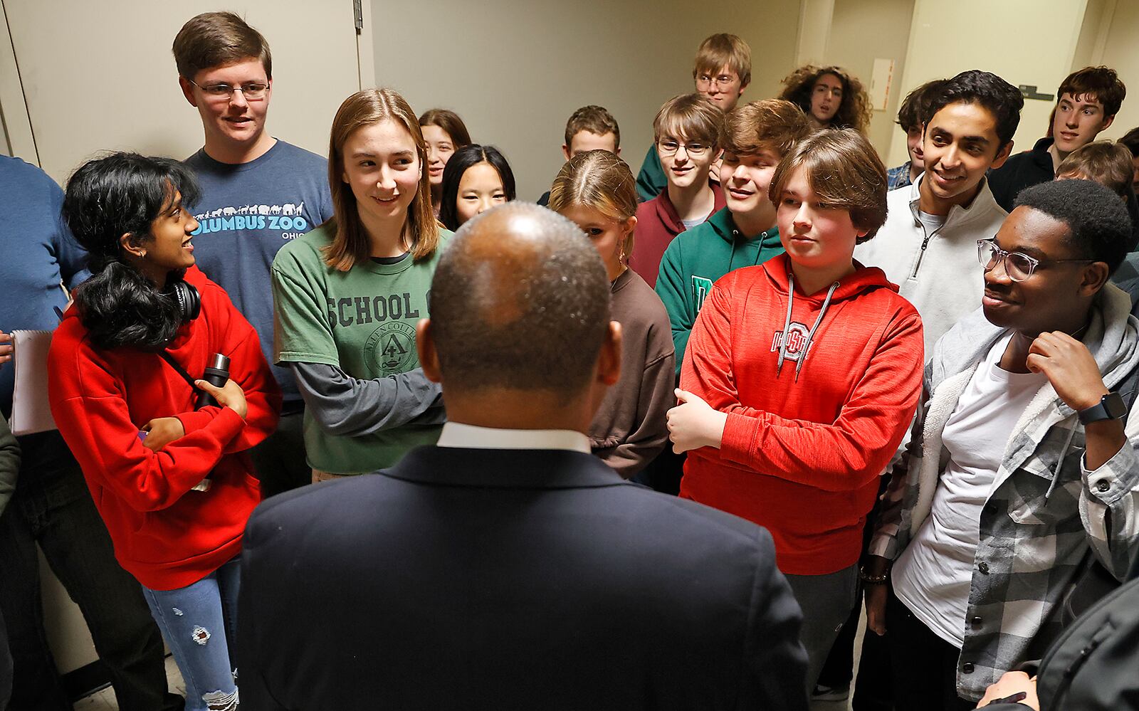 Jazz legend Wynton Marsalis talks with a group of students backstage at the Clark State Performing Arts Center following a performance for nearly 1,360 students Thursday, Feb. 9, 2023. BILL LACKEY/STAFF