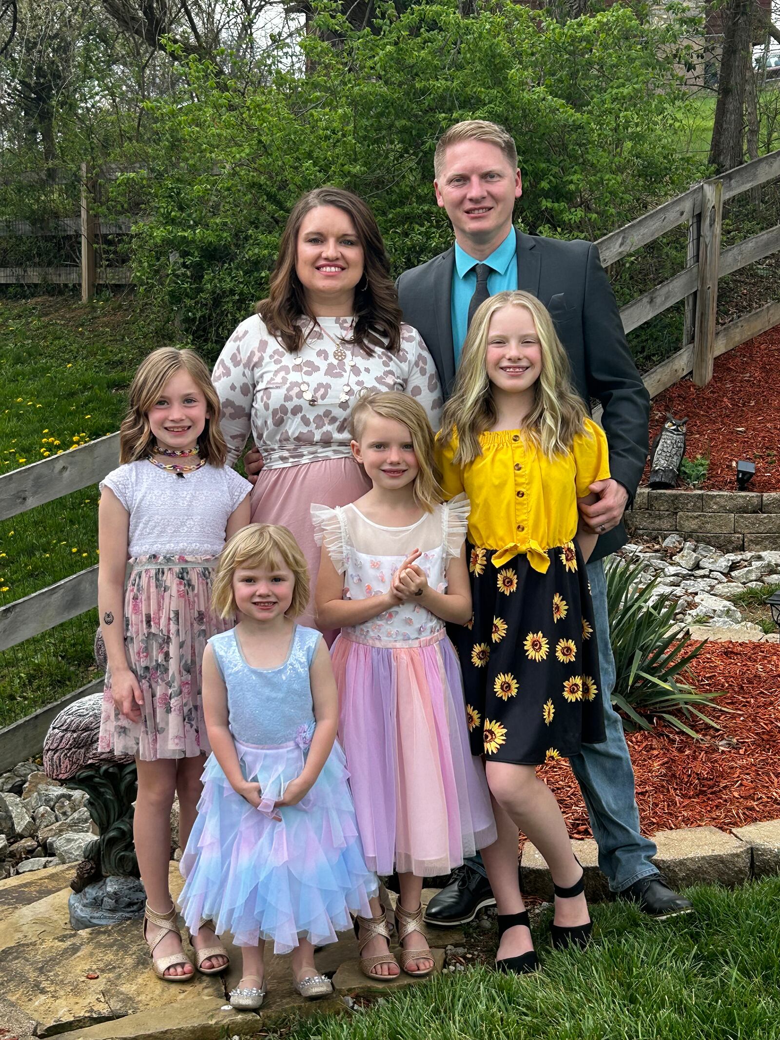 The Ohler Family Easter of this year. L-R Back - Amanda, Aaron
front: Lily (9), Waverly (4), Iris (7) and Abi (11)