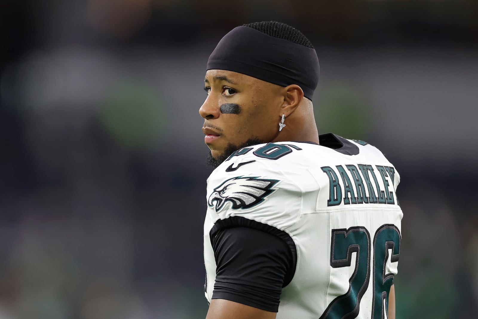 Philadelphia Eagles running back Saquon Barkley warms up before an NFL football game against the Los Angeles Rams in Inglewood, Calif., Sunday, Nov. 24, 2024. (AP Photo/Ryan Sun)