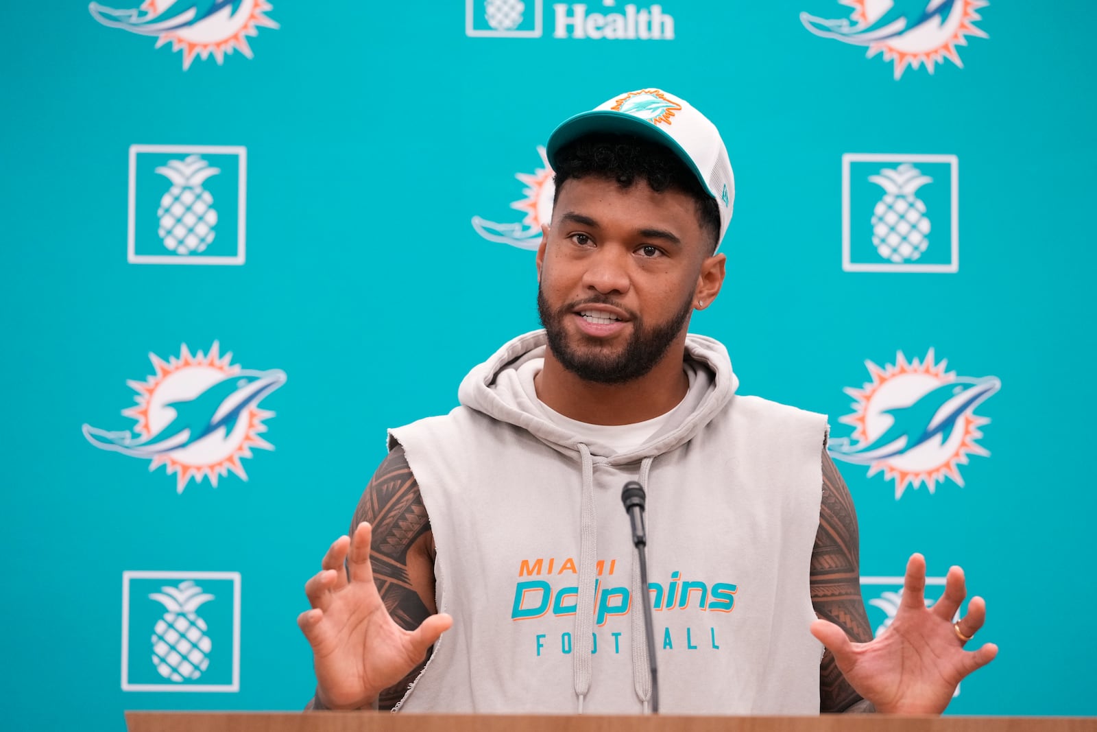 Miami Dolphins quarterback Tua Tagovailoa speaks during an NFL football news conference, Monday, Oct. 21, 2024, at the Dolphins training facility in Miami Gardens, Fla. (AP Photo/Wilfredo Lee)