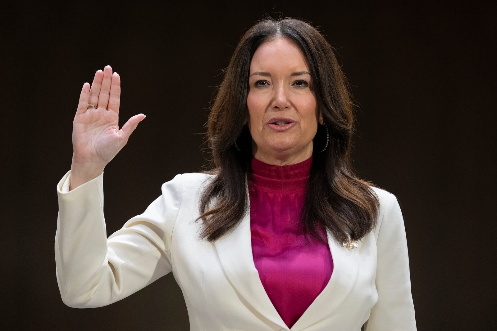 Brooke Rollins is sworn-in for a Senate Agriculture, Nutrition, and Forestry Committee hearing on her nomination for Secretary of Agriculture, Thursday, Jan. 23, 2025, in Washington. (AP Photo/Jacquelyn Martin)