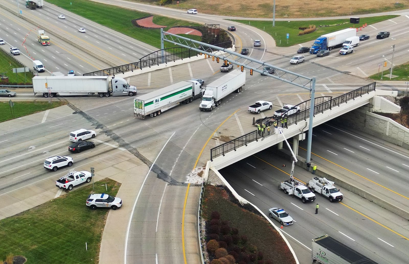 A barrier at Ohio 63 and Interstate 75 was damaged Nov. 2, 2022 due to a crash there. NICK GRAHAM/STAFF