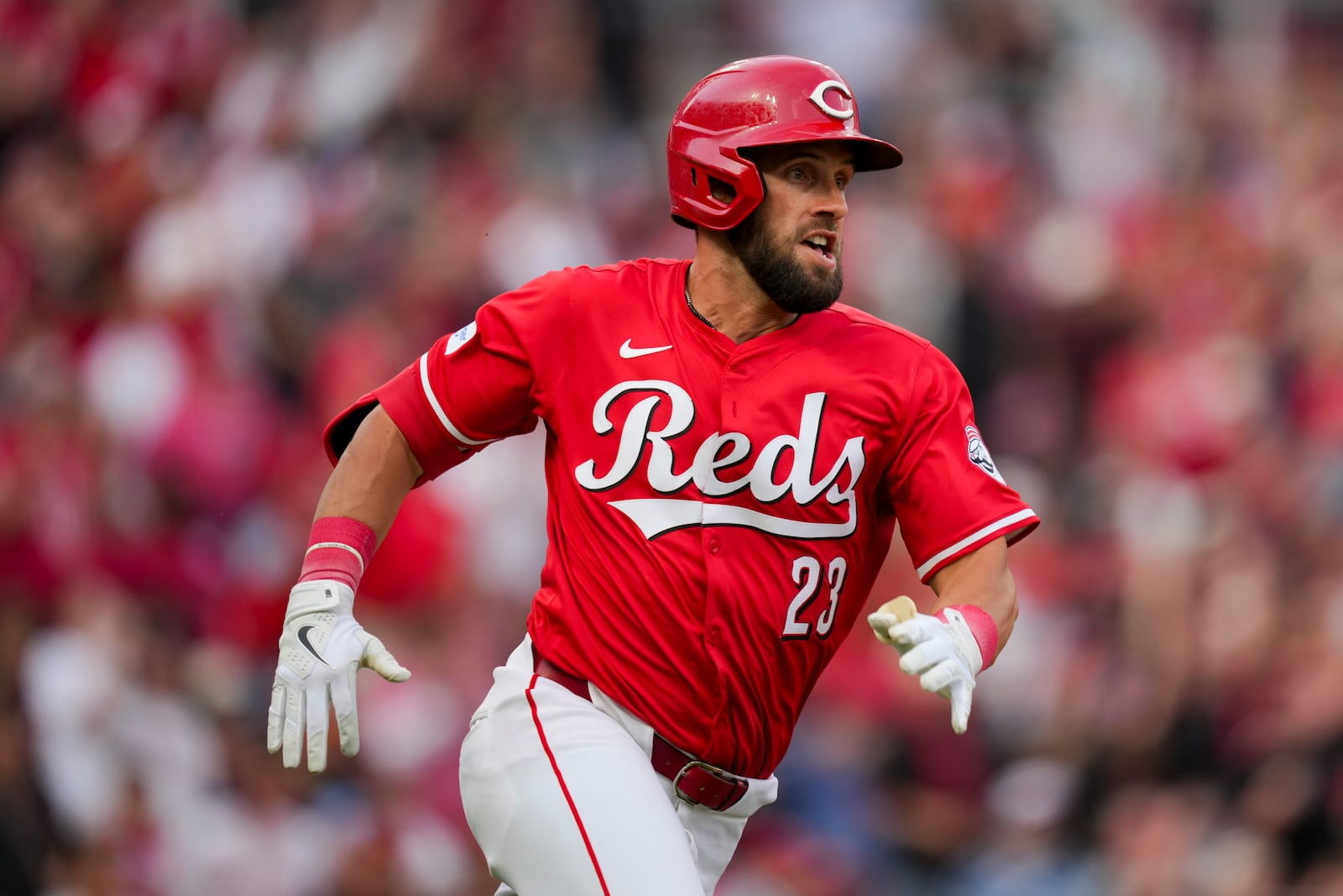 FILE -Cincinnati Reds' Nick Martini hits a two-run double during a baseball game against the Washington Nationals in Cincinnati, Saturday, March 30, 2024. First baseman Ty France and outfielder Nick Martini became free agents Friday, Nov. 1, 2024 when they refused outright assignments to Triple-A Louisville from the Cincinnati Reds.(AP Photo/Aaron Doster, File)