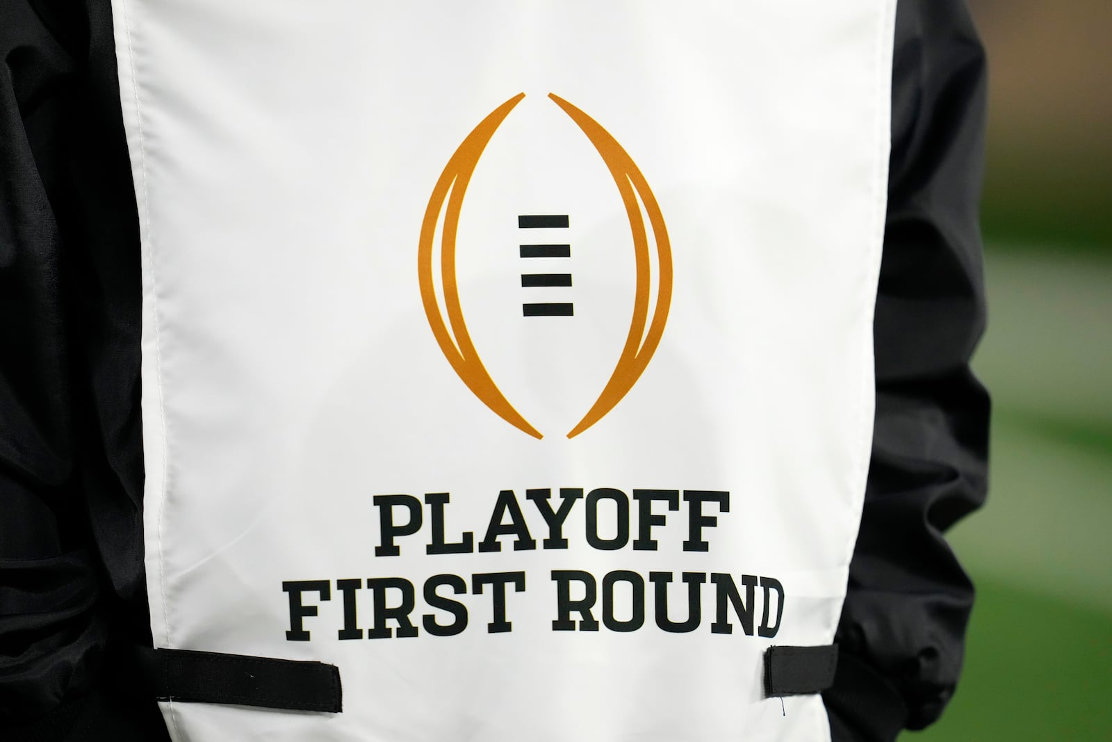 A bib is shown during warmups before the first round of the NCAA College Football Playoff game between Indiana and Notre Dame, Friday, Dec. 20, 2024, in South Bend, Ind. (AP Photo/Darron Cummings)