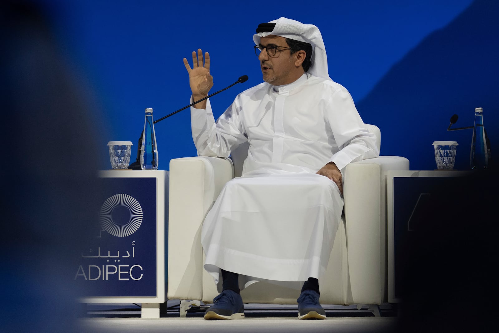 Musabbeh Al Kaaba Executive Director ADNOC talks at a panel during the Abu Dhabi International Petroleum Exhibition & Conference (ADIPEC) in Abu Dhabi, United Arab Emirates, Monday, Nov. 4, 2024. (AP Photo/Altaf Qadri)