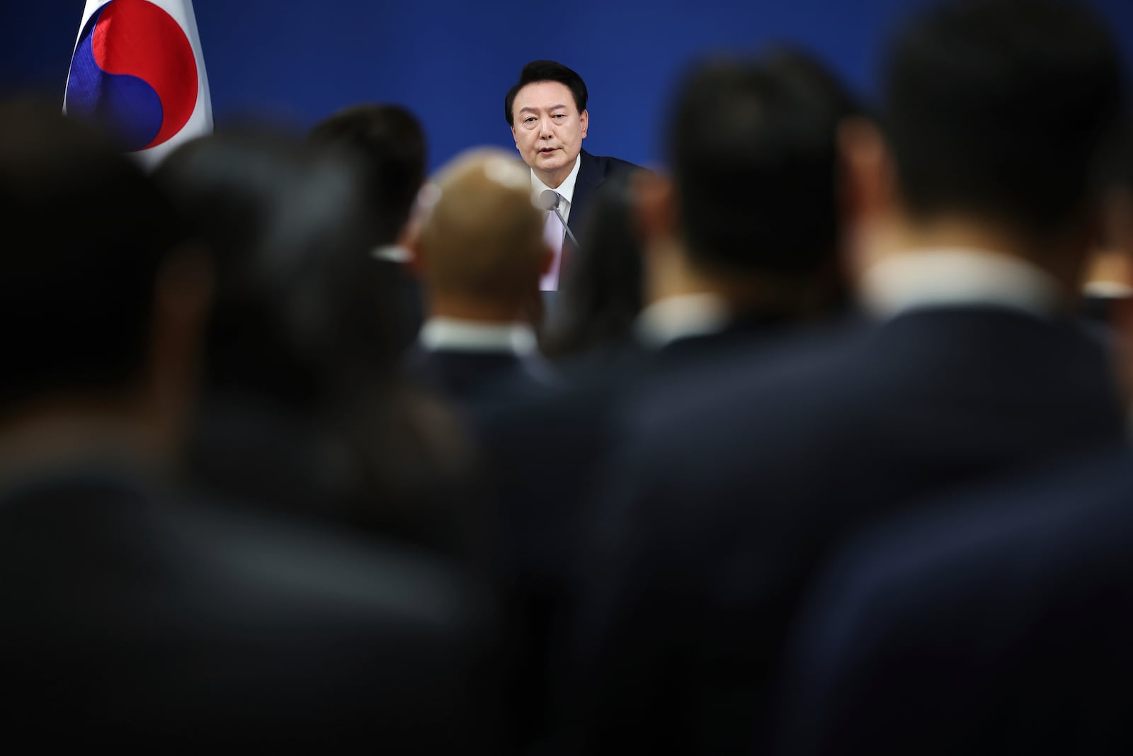 South Korean President Yoon Suk Yeol answers a reporters' question during a news conference at the Presidential Office in Seoul, South Korea Thursday, Nov. 7, 2024. (Kim Hong-Ji/Pool Photo via AP)