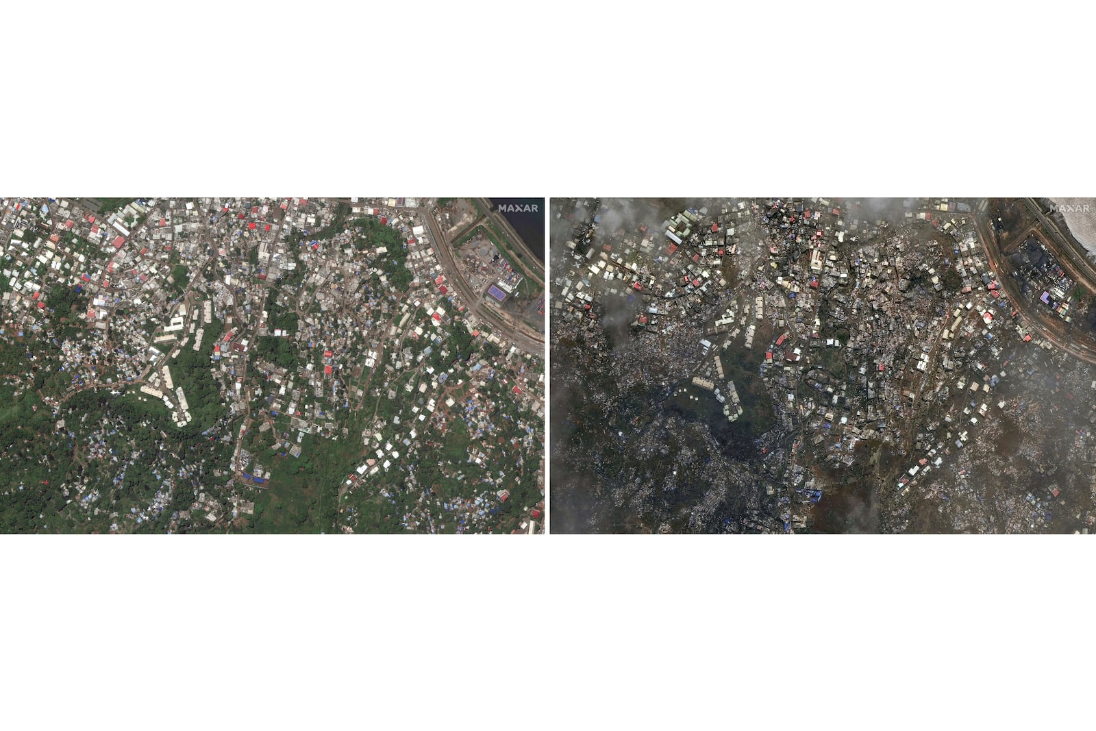 This combination of before and after images released by Maxar Technologies shows damage of Mamoudzou on the French Territory of Mayotte in the Indian Ocean after Cyclone Chido, Dec. 16, 2024. (Maxar Technologies via AP)