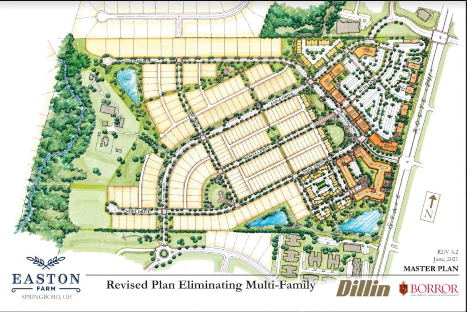 Developers of the proposed Easton Farm project have submitted a revised plan that eliminates multi-family housing from the project. Springboro officials received the plan earlier this week. The project's rezoning and revised preliminary plan will have a second reading by Springboro City Council at its next meeting. CONTRIBUTED/CITY OF SPRINGBORO